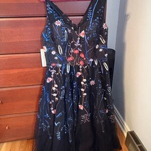 JJ's House Black Dress with Blue Floral Embroidery